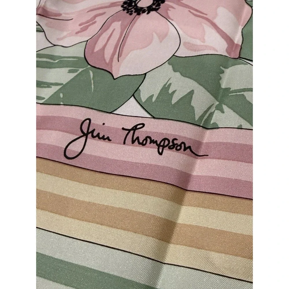 Jim Thompson Silk Floral Print Scarf Pink & Green Art To Wear Pastel EUC
